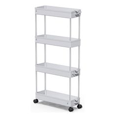 three tiered shelf with wheels on each side and four shelves on the other side