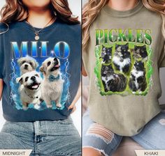 two women wearing t - shirts with dogs on them and the same shirt that says pickles