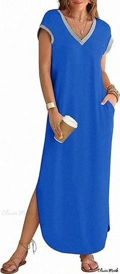 Olivia Mark - Loose Fit Casual Beach Maxi Dress with Short Sleeves and Split Neckline Short Maxi Dress, Dress With Short Sleeves, Luxurious Fabric, Beach Maxi Dress, Dress Crafts, Sleeved Dress, Loungewear Sets, Swimwear Cover Ups, Daily Dress