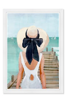 a painting of a woman with a hat on her head looking out at the ocean