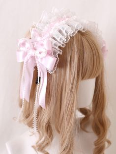 Elevate your kawaii style with this charming pink sweet bowknots lace hairband/KC. The delicate lace and adorable bowknots add a touch of sweetness to any outfit. Add a dash of cuteness to your ensemble with this must-have accessory!  Please note that this product includes only the hairband or KC. Coquettw Headbands, Cute Headbands Pink, Dolly Hair Accessories, Pink And White Accessories, Kawaii Headband, Micro Pig, Lace Hairband, Pink Hairband, Steampunk Fashion Female