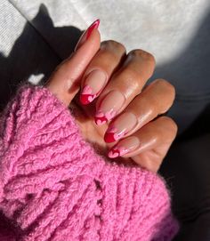 Pink French Nails, Vday Nails, February Nails, Nails Pink, Heart Nails, French Tip Nails