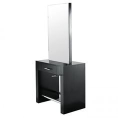 a black vanity with a mirror and drawers on the bottom shelf is shown in front of a white background