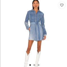 Super Cute Denim Dress. Long Sleeve That Can Be Rolled Up So Flattering With A Tie Belt. Different Washes Make Kind Of Patchwork Look But Like Way Cuter. Denim Dresses, Dress Long Sleeve, Tie Belt, Denim Blue, Dress Long, Dresses Xs, Denim Dress, Blue Denim, Colorful Dresses