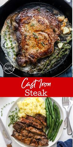 cast iron steak with green beans and mashed potatoes in a skillet on the side