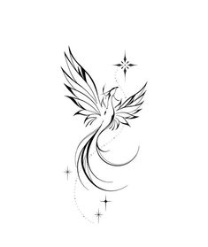 a black and white drawing of a bird with stars