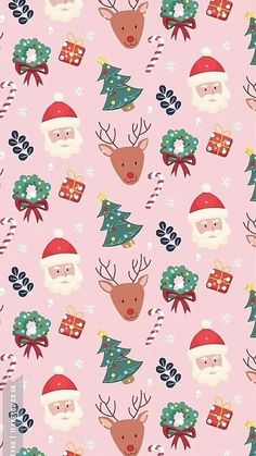 a pink christmas pattern with santa claus and reindeers on the front, one is wearing a red hat