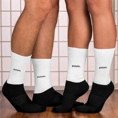 For him and for her, Putain. Socks that fits with your jeans for a casual Friday, weekend with a comfy sweat pants, your favorite work attire to set the tone for back to the office day, or even nothing else! These socks are extra comfortable thanks to their cushioned bottom.  * 60% nylon, 22% cotton, 18% spandex * Crew length * Cushioned bottom * Ribbed leg * Blank product sourced from China This product is made especially for you as soon as you place an order, which is why it takes us a bit lon Statement Socks, Rainbow Socks, Tie Dye Socks, Personalized Socks, Black Bottom, Custom Socks, Black Socks, Happy Socks, White Sock