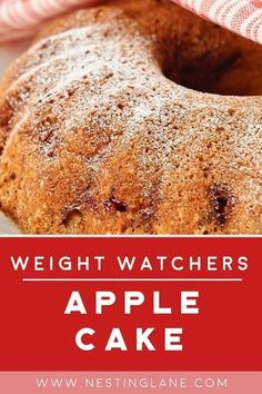 an apple cake with powdered sugar on top and the words weight watchers above it