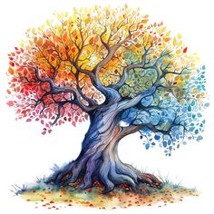 the colorful tree is painted with watercolors on it's branches and leaves