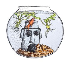 a drawing of a fish in a bowl filled with water and goldfish swimming around