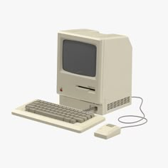 an old computer with a keyboard and mouse on a white background is shown in this image