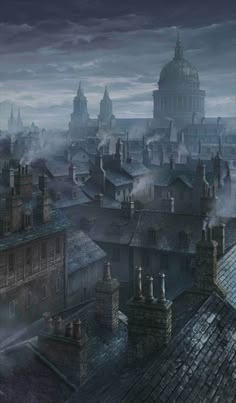 an image of a city at night with fog coming from the rooftops and buildings