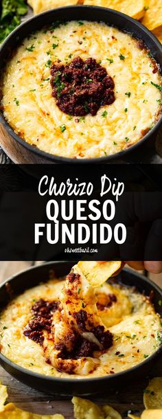 cheesy dip queso fundido in a cast iron skillet