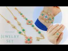 the beaded jewelry set is shown with different colors and designs on each bracelets