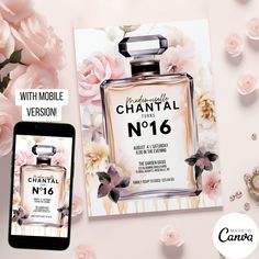 a bottle of chanel no16 next to a phone and flowers on a pink background