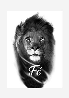 a black and white photo of a lion with the word fe on it's face