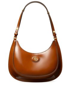 caramel brown leather patent finish gold-tone logo plaque single shoulder strap magnetic fastening internal slip pocket Luxury Designer Shoes, Tory Burch Robinson, Luxury Designer Handbags, Contemporary Accessories, Brown Shoulder Bag, Van Cleef Arpels, Shoe Gifts, Dolce E Gabbana, Signature Logo