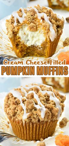 pumpkin muffins with cream cheese frosting and cinnamon crumbs on top