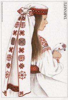 Rahvarõivad of Tarvastu, Estonia    Artist: Mari Kaarma Estonian Recipes, Demon Clothes, Estonian Clothing, Period Pictures, Scandinavian Folklore, Baltic Countries, Baltic States, History Fashion