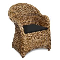 a brown wicker chair with black cushion