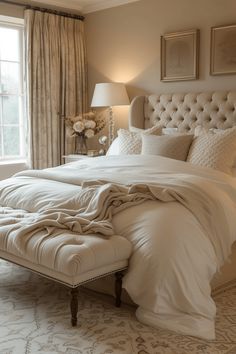 a large bed sitting next to a window covered in white blankets and pillows on top of a rug