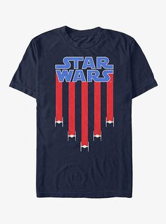 a star wars t - shirt with red and blue stripes on the chest, in front of