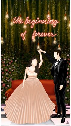 a man and woman dressed up in formal wear standing next to each other with the words, the beginning of forever