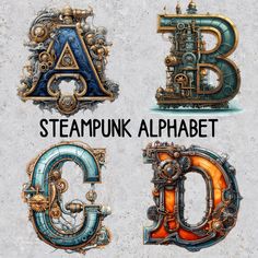 four steampunk alphabets are shown in three different styles