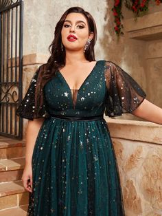 Plus Size Women V-Neck Sparkling Embroidery Contrast Color Double Layer Tulle Ball Gown Long Dress | SHEIN USA Plus Size Gowns Formal, Tulle Balls, Plus Size Gowns, Middle Age Fashion, Plus Size Formal Dresses, Sequin Embroidery, Tulle Ball Gown, 80 Dress, Dress Party