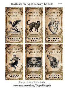 halloween apothecary labels with cats, bats and other things on them for sale