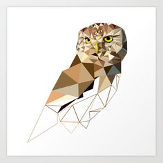 an owl with yellow eyes is shown in low poly art