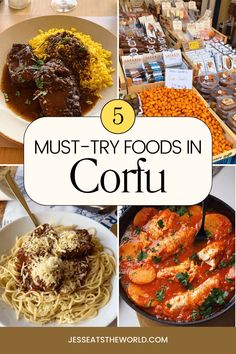 the top five must try foods in corfu, including pasta and shrimps