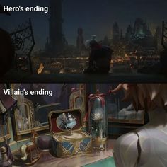 the scene from beauty and the beast with text that reads, hero's ending villain's ending