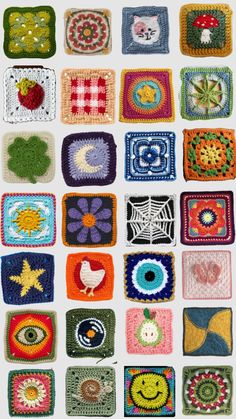 crocheted squares are arranged in rows and each have different designs on them, including one with an eye