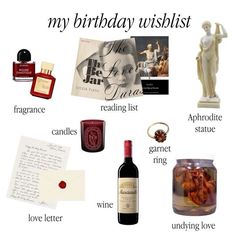 a birthday wishlist with wine, candles, and other things to write on it