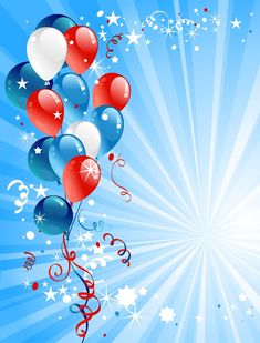 an image of balloons and streamers in the air on a blue background with stars