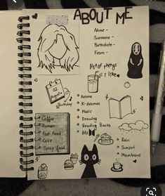 an open notebook with doodles on it that says,'about me'and various things