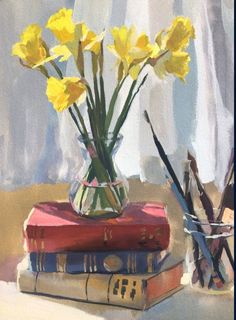 a painting of yellow daffodils in a vase on top of two books