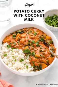 Potato curry with coconut milk in a bowl with rice and chopped cilantro. Potato Curry Recipe, Curry With Coconut Milk, Carrot Curry, Caesar Pasta Salad, Vegan Curry Recipes, Vegetarian Curry, Coconut Milk Curry, Vegan Potato, Vegan Curry