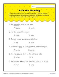 a worksheet with the words pick the meaning in yellow and white, which are also