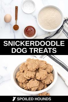 the ingredients to make snickkerdoodle dog treats are in bowls and on top of