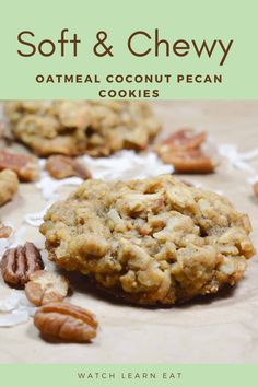 Soft and chewy oatmeal coconut pecan cookies Coconut Pecan Cookies, Biscuits Graham, Coconut Pecan, Dessert Aux Fruits, Pecan Cookies, Oatmeal Cookie, Eclairs, Oatmeal Cookies, Cookie Desserts