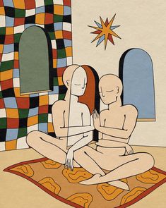 two people sitting on a rug in front of a window with a star above them