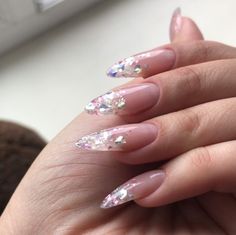 Oval Nails Designs Glitter, Clear Nails Ideas, Nail Designs For Winter, Clear Glitter Nails, Clear Gel Nails, Chunky Glitter Nails, Unghie Sfumate, Asian Nails, Almond Nails Designs