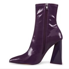 High Heeled Ankle Boot, 4 Inch Triangular Block Heel, Pointed Toe, Purple Patent Material, Zipper Closure On Side, 9.5 Inch Shaft Circumference, 5.75 Inch Shaft Height Brand New, Unworn, With Box, Selling Because They’re Too Small Around My Ankles! Purple Patent Boots, Pointed Toe Heeled Boots With Heel Tab, Spring Pointed Toe Synthetic Heeled Boots, Pointed Toe Booties With 4-inch Heel, Pointed Toe Booties With Reinforced Heel, Pointed Toe Booties With Reinforced Heel, Medium Width, Purple Pointed Toe Heels With Reinforced Heel, Trendy Patent Leather Pointed Toe Boots, Trendy Patent Leather Boots With Pointed Toe