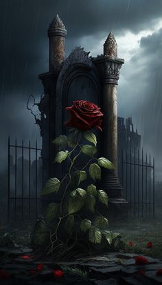 a red rose sitting on top of a green plant in front of a gated entrance