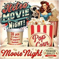 retro movie night flyer with popcorn, soda and pop - n - gourm