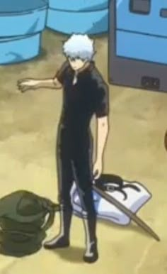 an anime character is standing in the sand with his hand out to another person who is holding a baseball bat