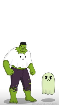 a cartoon character standing next to a ghost